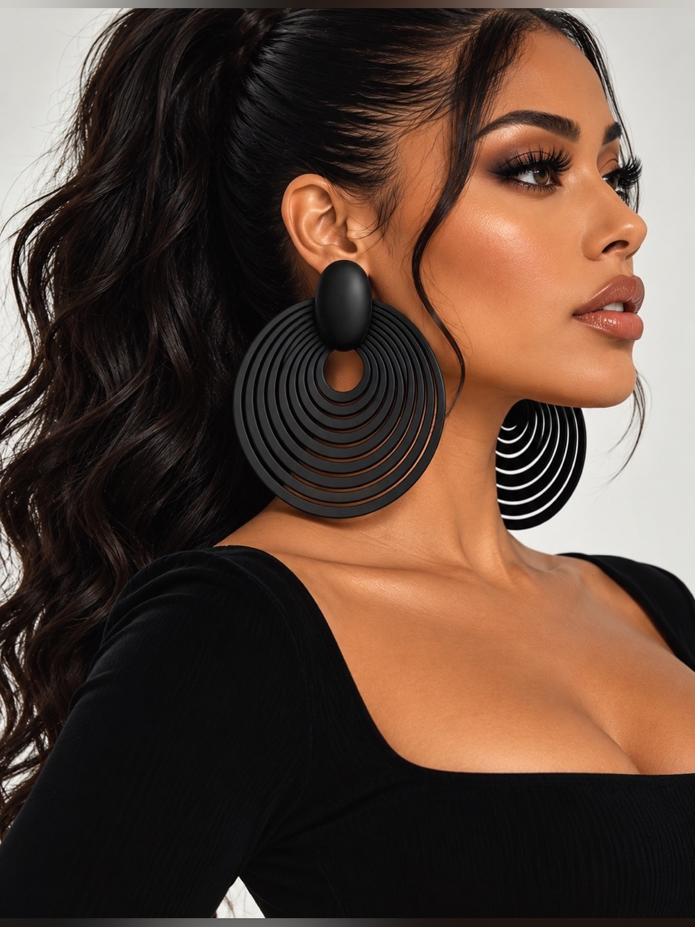 Bold Black Layered Spiral Disc Drop post Earrings